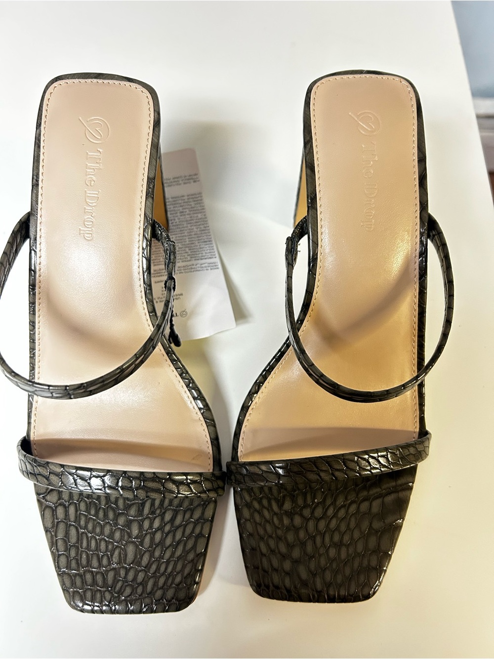 The Drop Women's Avery Square Toe Two Strap High Heeled Sandals, Gray Size 6 new